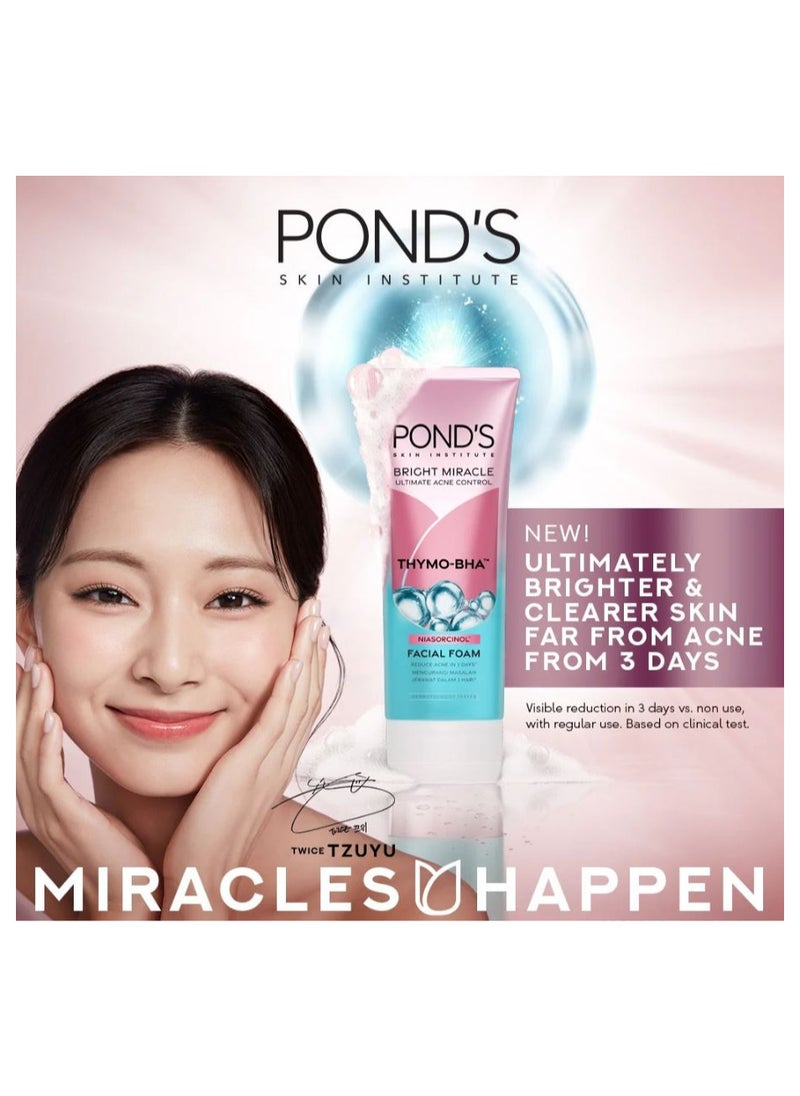 Pond's - Bright Miracle Ultimate Acne Conrol Thymo-BHA (Niasorcinol) Facial Foam Reduces Acne in 3 Days 100g x 3 - Image 1