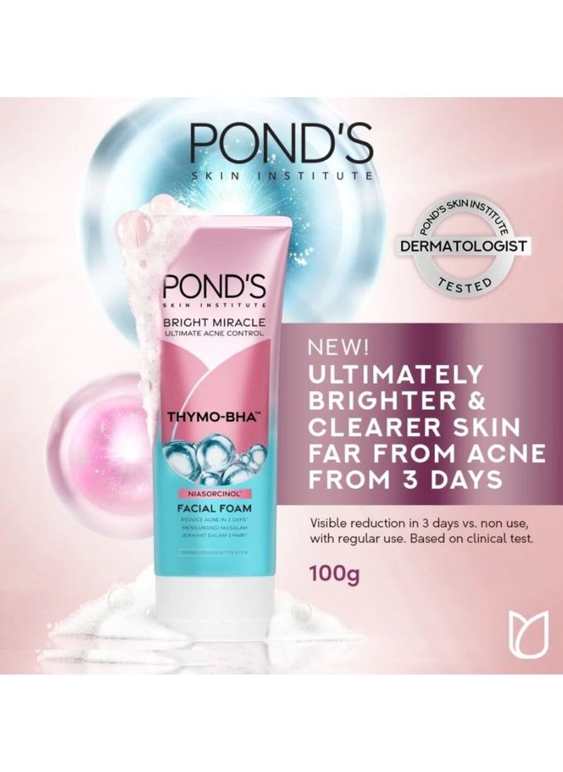 Pond's - Bright Miracle Ultimate Acne Conrol Thymo-BHA (Niasorcinol) Facial Foam Reduces Acne in 3 Days 100g x 3 - Image 1
