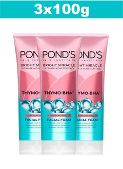 Pond's Bright Miracle Ultimate Acne Conrol Thymo-BHA (Niasorcinol) Facial Foam Reduces Acne in 3 Days 100g x 3  - Image 1