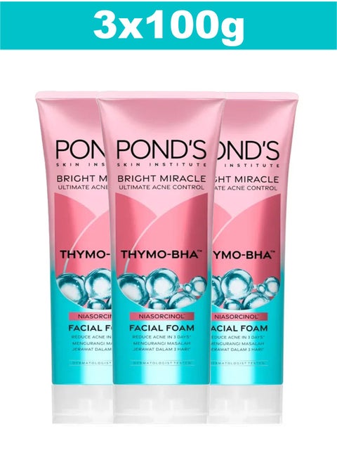 Bright Miracle Ultimate Acne Conrol Thymo-BHA (Niasorcinol) Facial Foam Reduces Acne in 3 Days 100g x 3