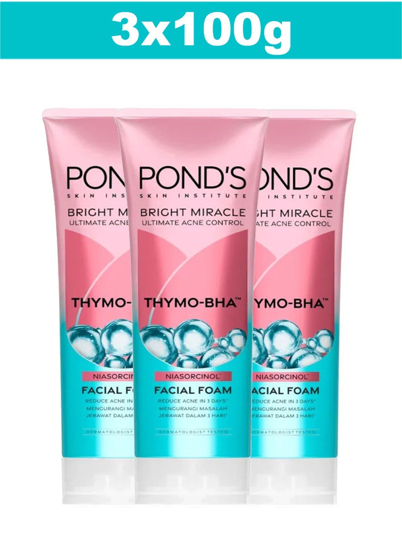 Pond's - Bright Miracle Ultimate Acne Conrol Thymo-BHA (Niasorcinol) Facial Foam Reduces Acne in 3 Days 100g x 3 - Image 1