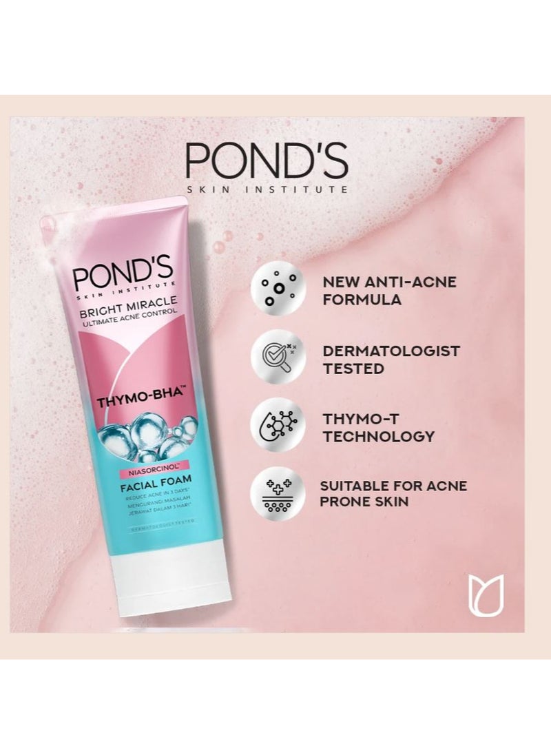 Pond's - Bright Miracle Ultimate Acne Conrol Thymo-BHA (Niasorcinol) Facial Foam Reduces Acne in 3 Days 100g x 3 - Image 1