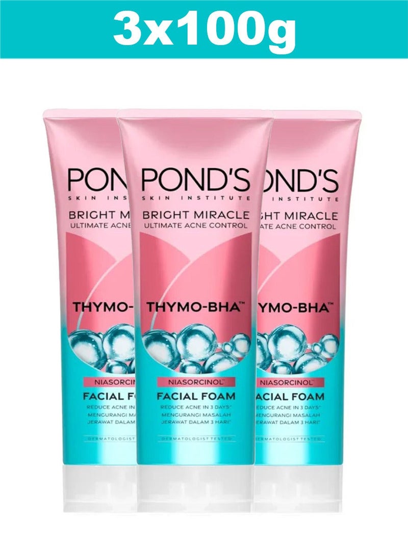 Pond's Bright Miracle Ultimate Acne Conrol Thymo-BHA (Niasorcinol) Facial Foam Reduces Acne in 3 Days 100g x 3 - Image 2