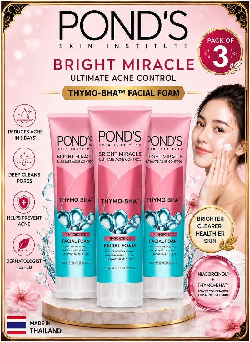 Pond's Bright Miracle Ultimate Acne Conrol Thymo-BHA (Niasorcinol) Facial Foam Reduces Acne in 3 Days 100g x 3 - Image 1