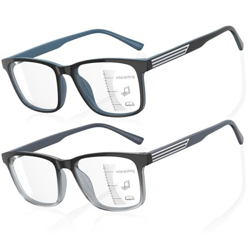 DEHOTRE 2 Pack Progressive Multifocus Reading Glasses Men Unbreakable TR90 Frame Temple Large Size Readers with Metal Inlays Multifocal Lens Blue Light Blocking Black & Blue 2.00 - Image 1