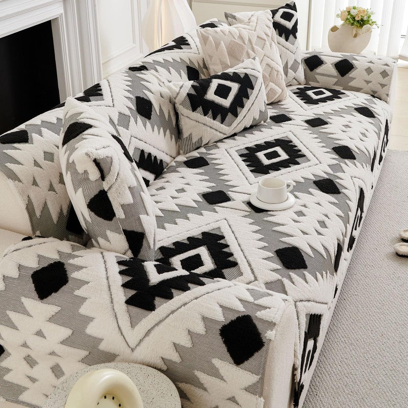 XSlive Boho Plush Couch Covers for Sofa Washable, Fuzzy Soft Couch Cover for Sectional Sofa, Non Slip Jacquard Sofa Cover Furniture Protector for Kids, Pets (Black,28"x28") - Image 5