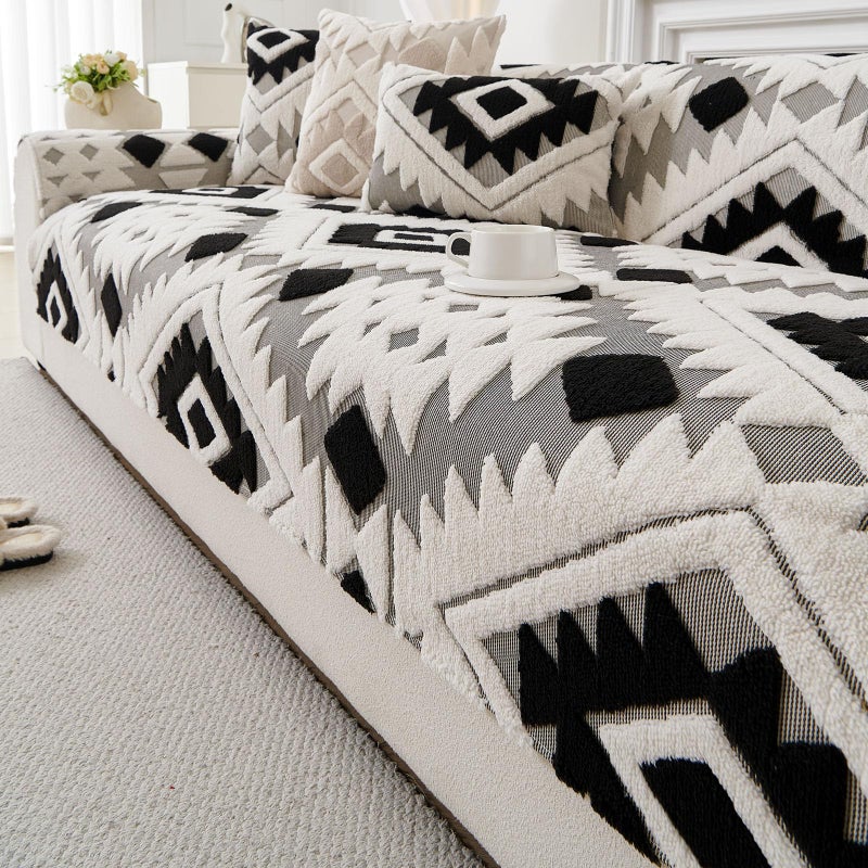 XSlive Boho Plush Couch Covers for Sofa Washable, Fuzzy Soft Couch Cover for Sectional Sofa, Non Slip Jacquard Sofa Cover Furniture Protector for Kids, Pets (Black,28"x28") - Image 1