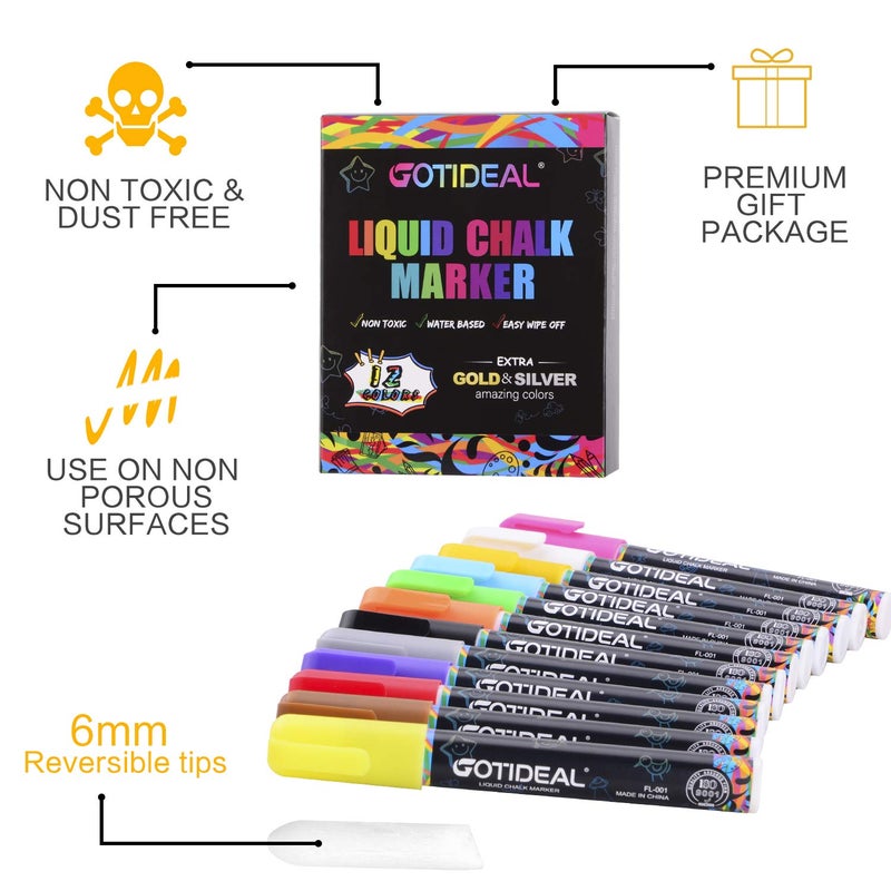 GOTIDEAL Liquid Chalk Markers, 12 Colors Premium Window Chalkboard Neon Pens, Including 2 Metallic Colors, Painting and Drawing for Kids and Adults, Bistro & Restaurant, Wet Erase - Reversible Tip - Image 2