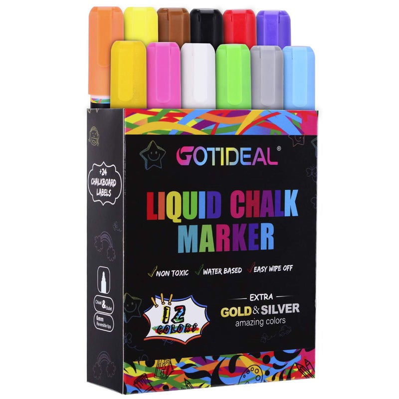 GOTIDEAL Liquid Chalk Markers, 12 Colors Premium Window Chalkboard Neon Pens, Including 2 Metallic Colors, Painting and Drawing for Kids and Adults, Bistro & Restaurant, Wet Erase - Reversible Tip - Image 1