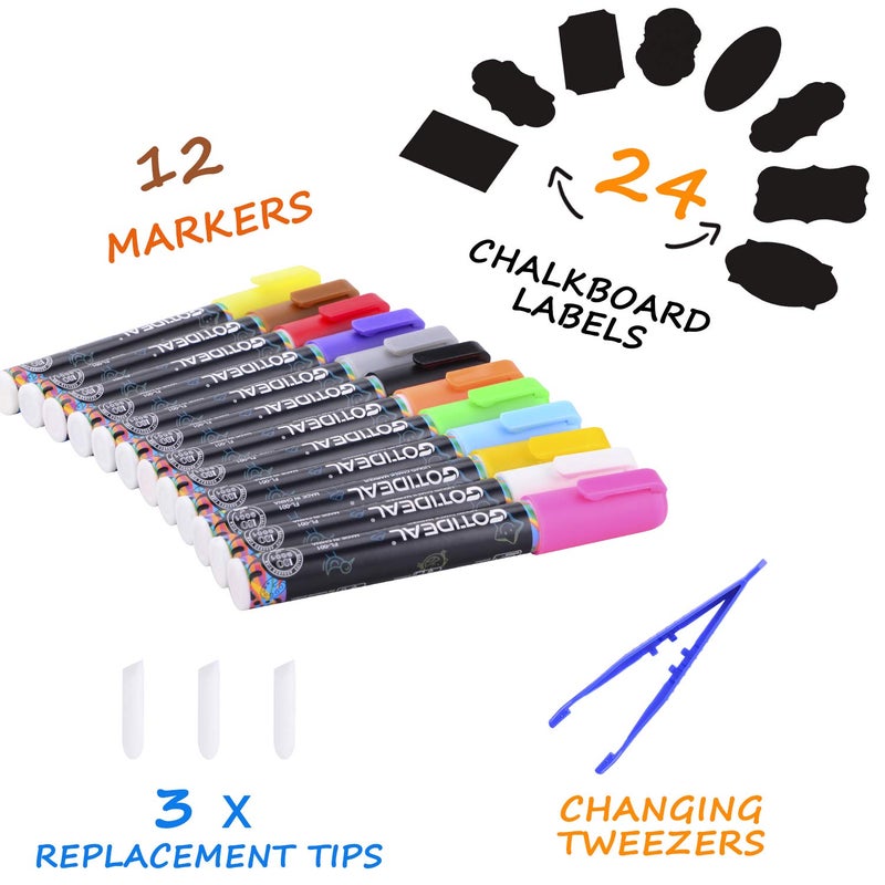 GOTIDEAL Liquid Chalk Markers, 12 Colors Premium Window Chalkboard Neon Pens, Including 2 Metallic Colors, Painting and Drawing for Kids and Adults, Bistro & Restaurant, Wet Erase - Reversible Tip - Image 3