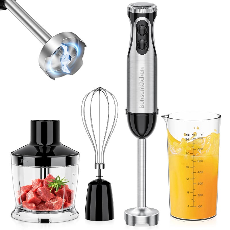 Bonsenkitchen خلاط بونس كيتشن 4 في 1 اليدوي، 20 سرعة خلاط يدوي مع وضع توربو، شفرة من الفولاذ المقاوم للصدأ، خفاقة بيض، كوب قياس ووعاء مفروم، خلاط عصا للحساء، سموذي، هريس، طعام أطفال - Image 1