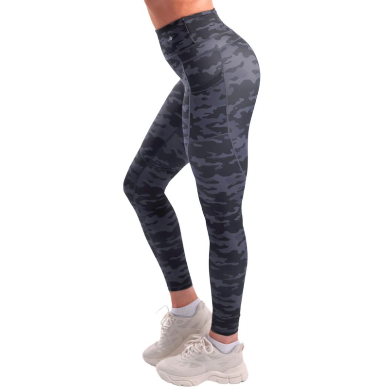CompressionZ Compression Leggings for Women High Waisted Performance Tummy Control Gym Pilates Travel Yoga Workout Pants WPockets Camo Black Small