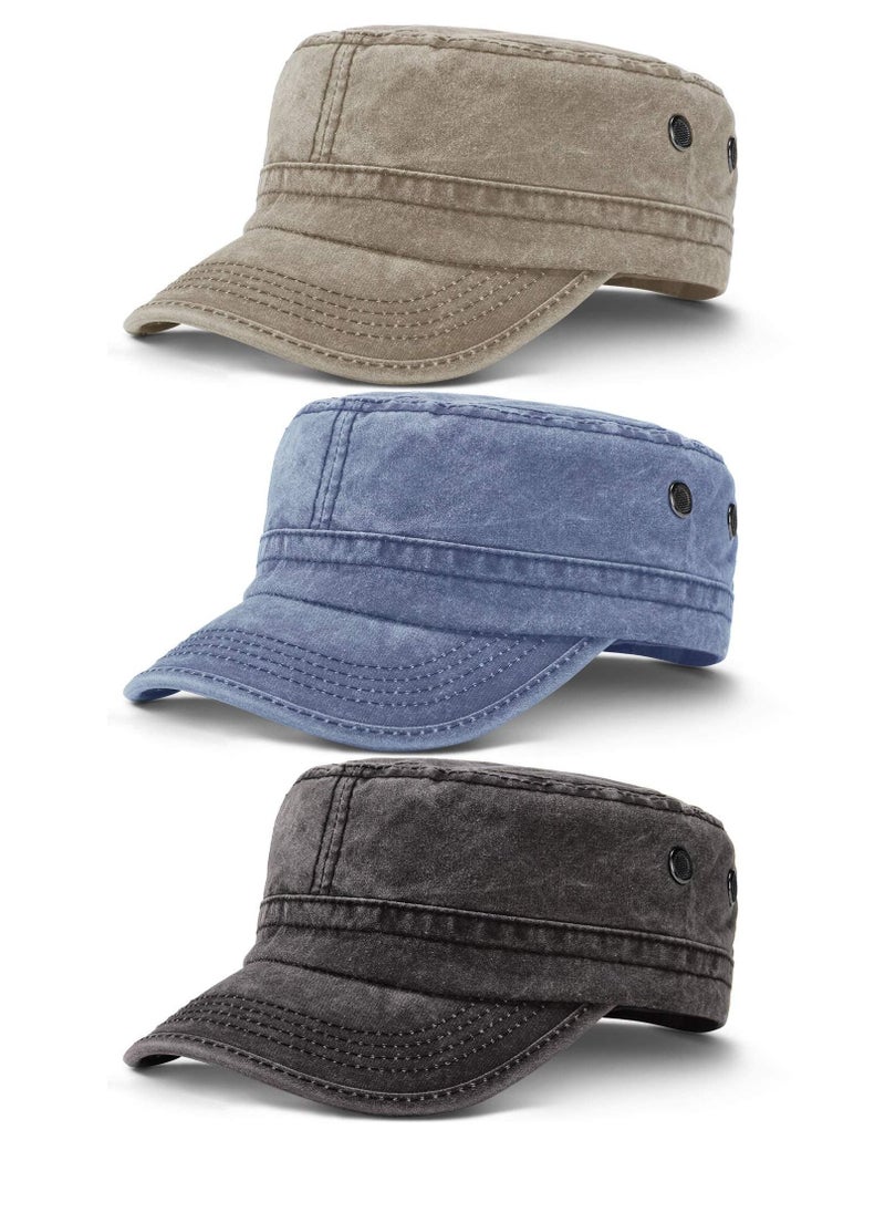SYOSI Cadet Army Caps Military Flat Top Caps Washed Cotton Cadet Cap Adjustable Military Style Hat Unisex Baseball Cap (3 Pieces Blue, Black, Army Green)  - Image 1
