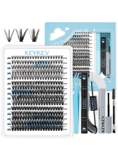 KevKev Lash Extension Kit 300Pcs Lash Clusters Kit DIY Eyelash Extension Kit with Lash Bond and Seal Eyelash Remover Lash Applicator Wispy Lashes Look Like Extensions(20D+40D+50D, D-10-18mix)