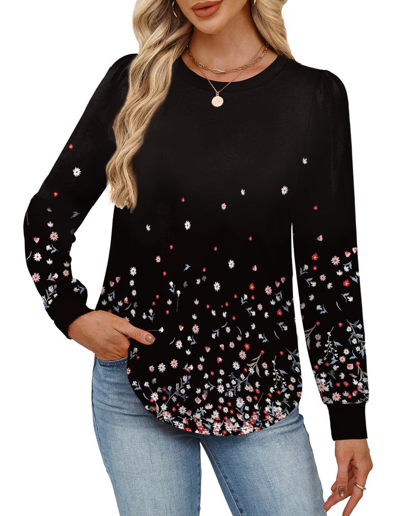 Alaroo Black Shirts Tunic Flower Tops Womens Fall Fashion 2026 Basic Crewneck Sweatshirts Boho Clothes Trendy Print 9 L - Image 3