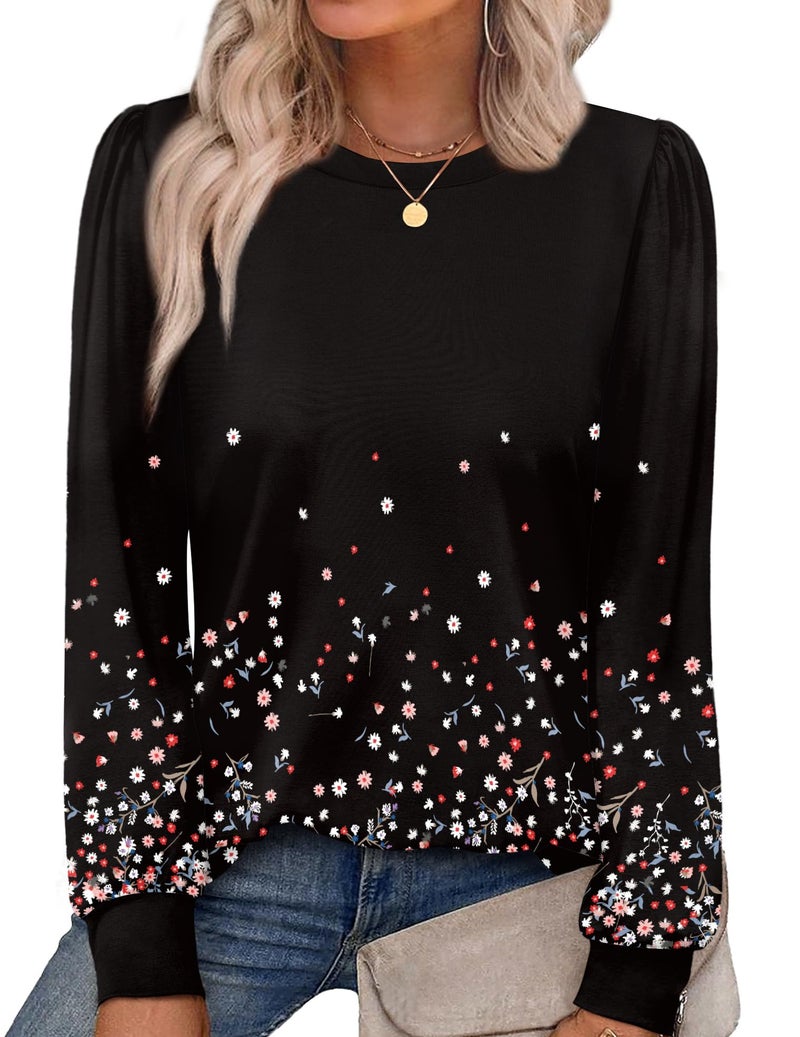 Alaroo Black Shirts Tunic Flower Tops Womens Fall Fashion 2026 Basic Crewneck Sweatshirts Boho Clothes Trendy Print 9 L - Image 1