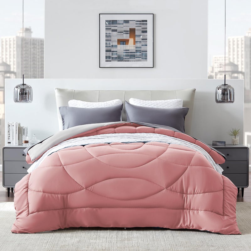 SLEEP ZONE Queen Comforter Duvet Insert Down Alternative Reversible Comforter Lightweight Soft and Breathable Bedding All Season A Side Pink  B Side Grey