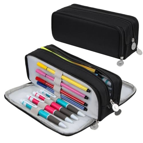 Chelory Big Capacity Pencil Case Large Storage Pencil Bag Pouch Marker 3 Compartment Stationery Pen Cases Holder for Adults School Office Organizer Gifts, Black - Image 1