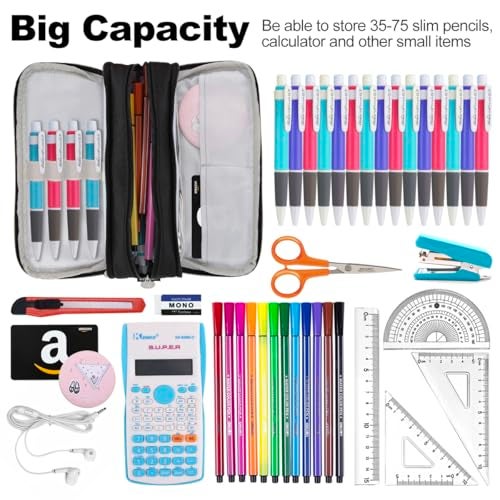 Chelory Big Capacity Pencil Case Large Storage Pencil Bag Pouch Marker 3 Compartment Stationery Pen Cases Holder for Adults School Office Organizer Gifts, Black - Image 2