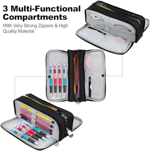 Chelory Big Capacity Pencil Case Large Storage Pencil Bag Pouch Marker 3 Compartment Stationery Pen Cases Holder for Adults School Office Organizer Gifts, Black - Image 4