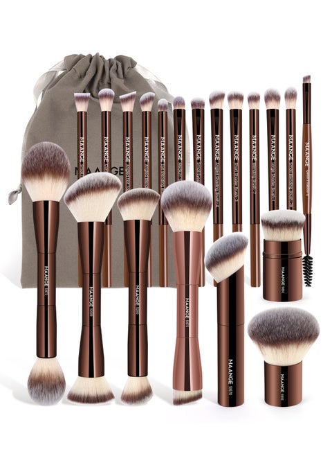 21Pcs Foundation Makeup Brush Set, Double-ended Kabuki Contour Brush for Liquid Powder Concealer Blending Blush Face Makeup Tools (Brown)