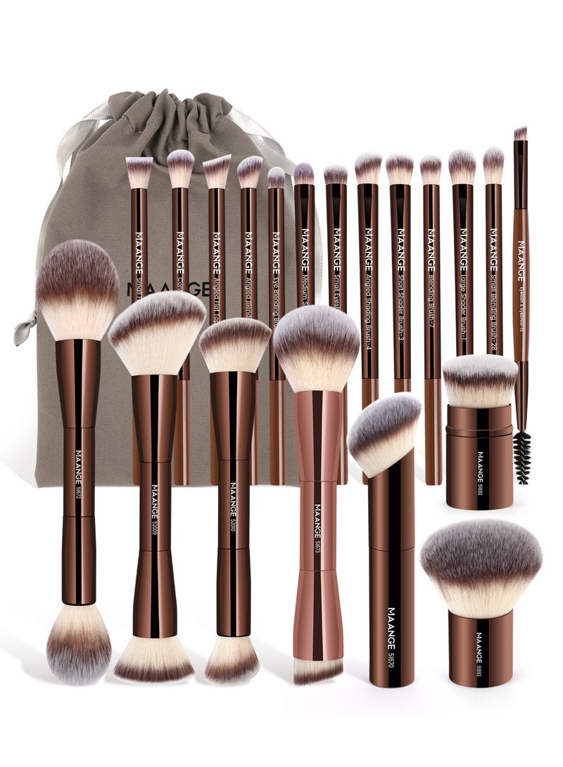 MAANGE مجموعة فرش مكياج الأساس 21 قطعة، فرشاة كابوكي مزدوجة الطرف لتوزيع سائل البودرة وكريم التغطية وتطبيق أحمر الخدود (بني) - Image 1