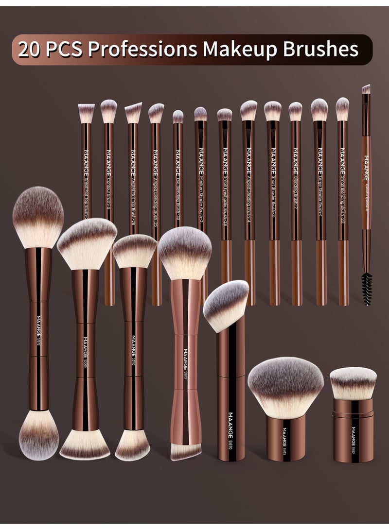 MAANGE مجموعة فرش مكياج الأساس 21 قطعة، فرشاة كابوكي مزدوجة الطرف لتوزيع سائل البودرة وكريم التغطية وتطبيق أحمر الخدود (بني) - Image 2