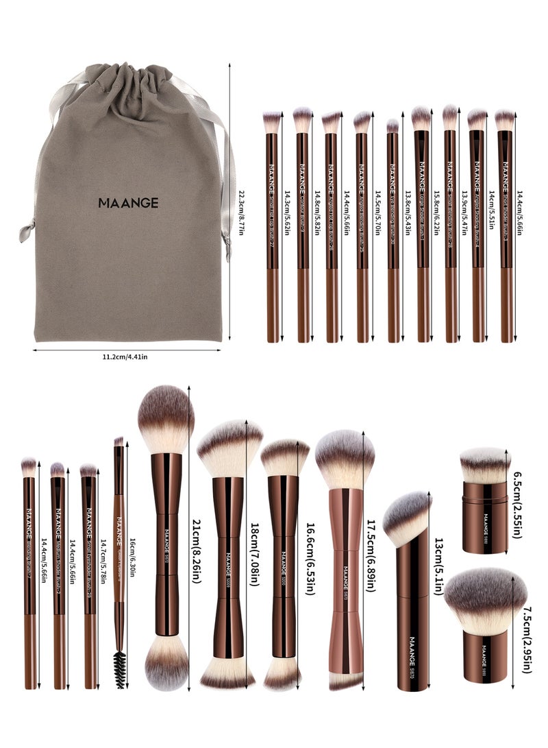 MAANGE مجموعة فرش مكياج الأساس 21 قطعة، فرشاة كابوكي مزدوجة الطرف لتوزيع سائل البودرة وكريم التغطية وتطبيق أحمر الخدود (بني) - Image 4