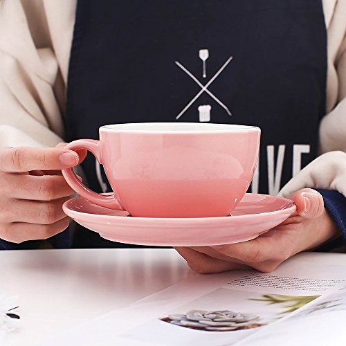Coffeezone Latte Art Cup and Saucer for Latte & Cappuccino & Double Espresso, New Bone China, Mate for Coffee Shop and Barista (Glossy Pink, 10.5 oz) - Image 5