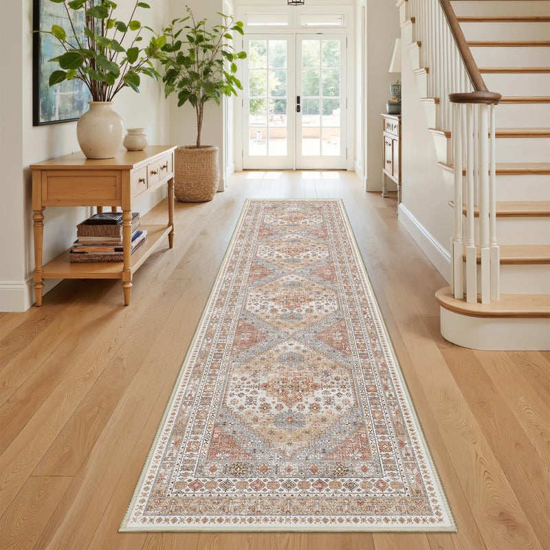 Restydon Runner Rug 2x8 Runners for Hallways Non Slip Washable, Vintage Hallway Runner Rugs for Living Room, Low Pile Soft Hallway Rug for Kitchen Bedroom Laundry Room Rug(Orange,2'x8') - Image 3