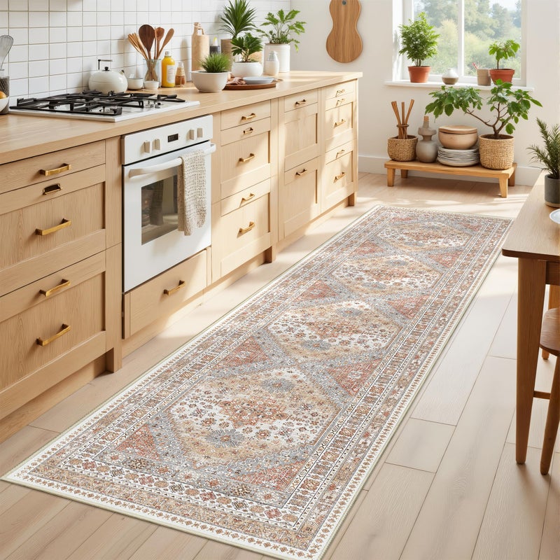 Restydon Runner Rug 2x8 Runners for Hallways Non Slip Washable, Vintage Hallway Runner Rugs for Living Room, Low Pile Soft Hallway Rug for Kitchen Bedroom Laundry Room Rug(Orange,2'x8') - Image 1