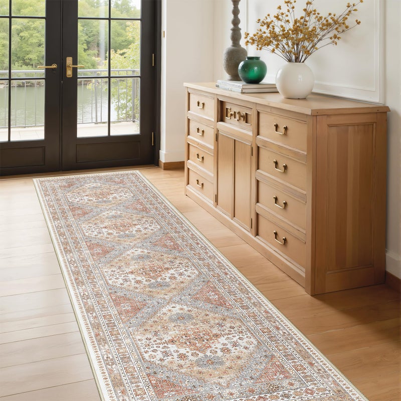 Restydon Runner Rug 2x8 Runners for Hallways Non Slip Washable, Vintage Hallway Runner Rugs for Living Room, Low Pile Soft Hallway Rug for Kitchen Bedroom Laundry Room Rug(Orange,2'x8') - Image 2