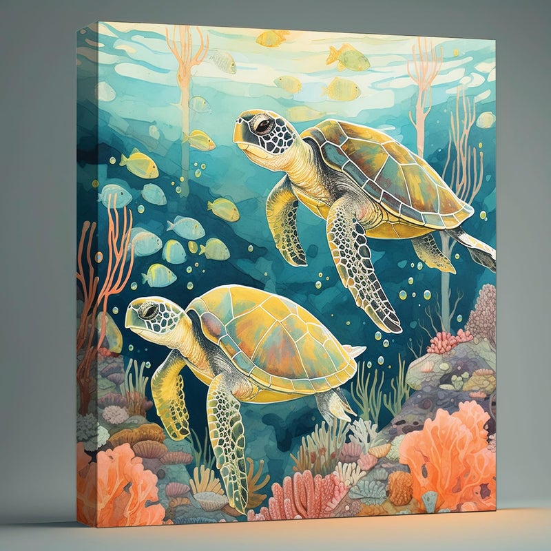 Olive Tree Wooden Wall Art Turtles Canvas Painting for Home Bedroom Living RoomEngineered Wood FrameModern Stylish Hanging Wall Art Painting for Wall Decoration24 x 24 inch Multicolour - Image 2