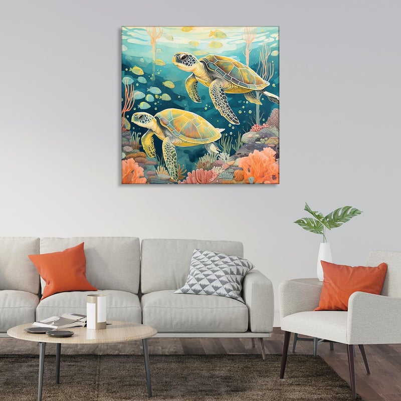 Olive Tree Wooden Wall Art Turtles Canvas Painting for Home Bedroom Living RoomEngineered Wood FrameModern Stylish Hanging Wall Art Painting for Wall Decoration24 x 24 inch Multicolour - Image 1