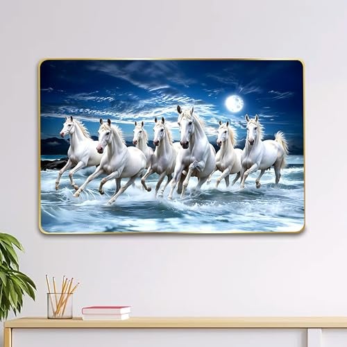 Goelite 7 Horses Realistic Painting With Frame For Wall Vastu | Seven Running Horse Painting For Wall Decor Living Room Decoration | Big Size Photo Frame (18 By 12 Inches, Golden) - Image 1
