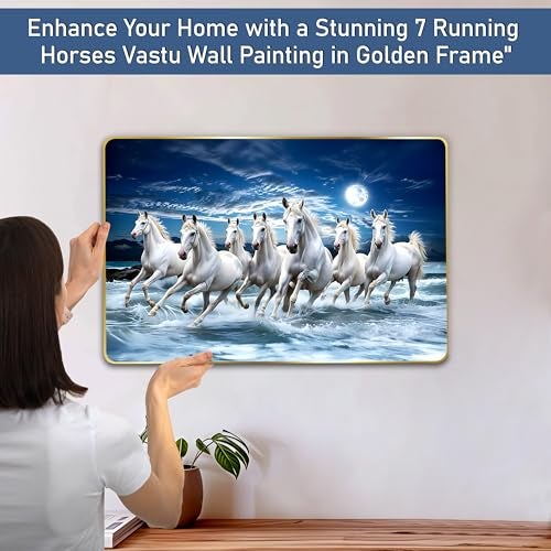 Goelite 7 Horses Realistic Painting With Frame For Wall Vastu | Seven Running Horse Painting For Wall Decor Living Room Decoration | Big Size Photo Frame (18 By 12 Inches, Golden) - Image 2