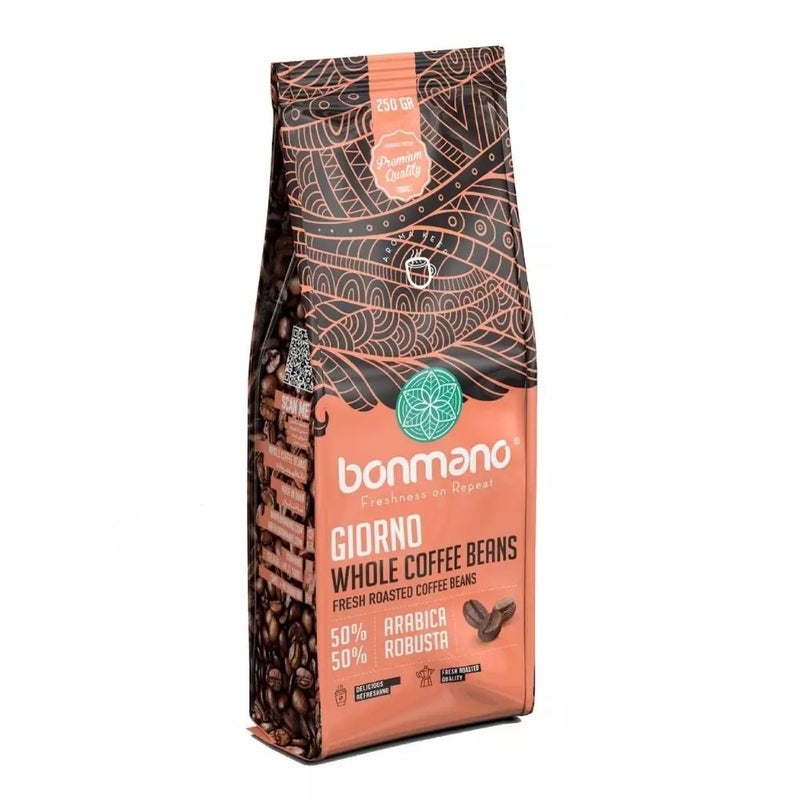 Bonmano حبوب القهوة الكاملة بونمانو جورنوا محمصة طازجة 50% أرابيكا 50% روبوستا - 250 جرام - Image 1