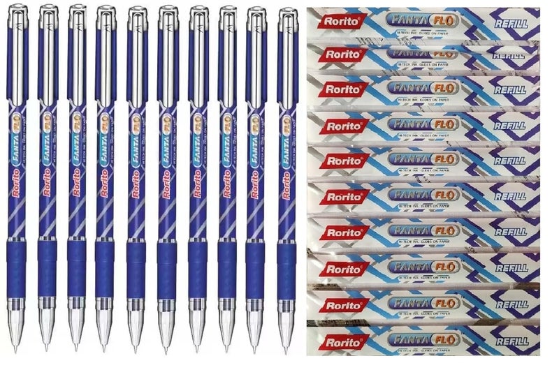 FIRST CLICK Rorito's Fantaflo 10 Ball Pen + 10 Refills – Blue Ink, Pack of 20 | 1mm Tip | Waterproof Ink | Fanta flo Dotted Grip for Comfortable Writing | Smooth Writing Ball Pens for Students and Office Use - Image 1