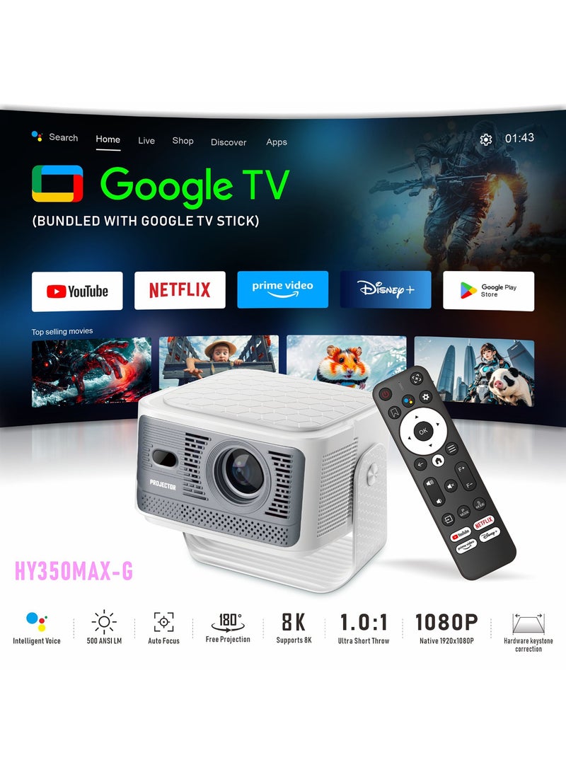 جهاز عرض تلفزيون جوجل الرسمي - دقة عرض أصلية 1080 بكسل - سطوع 500 لومن ANSI - يدعم دقة 4K - ضبط تلقائي للصورة - شاشة متكيفة تلقائيًا - تجنب تلقائي للعوائق - تصحيح تلقائي للتشوه - جهاز عرض أفلام متوافق مع أندرويد/iOS/الكمبيوتر/الهواتف الذكية/أجهزة التلفزيون الذكية/إكس بوكس/سويتش/HDMI/USB - Image 2