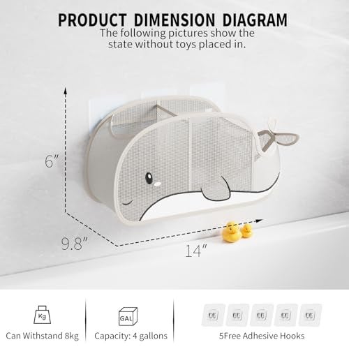 Austion QuickDrying Baby Bath tub Toy Organizer Storage for Bathroom LargeCapacity mesh Bath Toy Holder for Bathtub Convenient for Quick Access WhaleShaped Design Gray - Image 3
