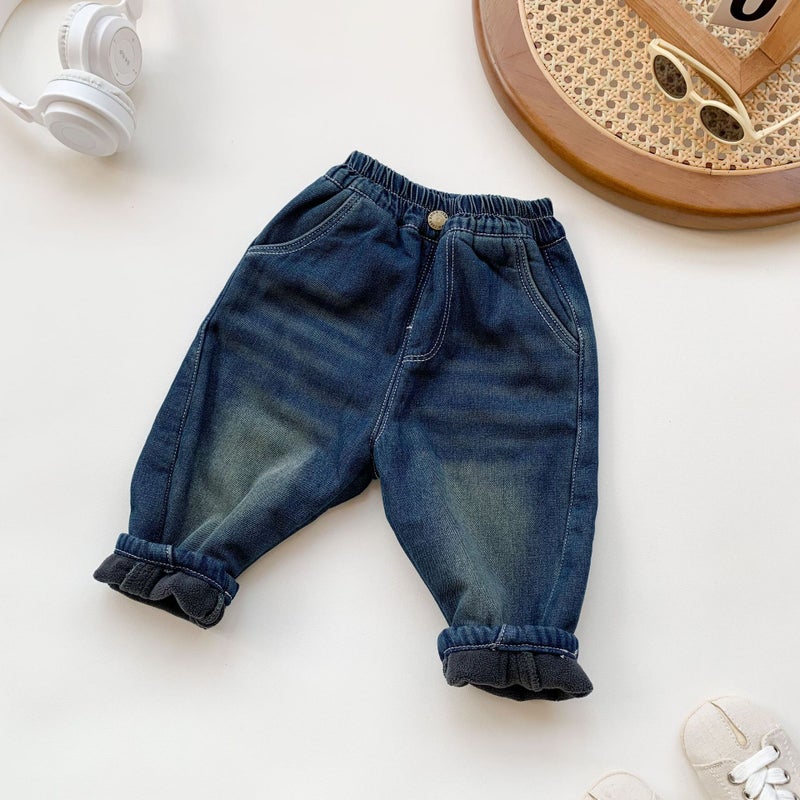 Baby Fleece-Lined Jeans 2025 Winter New Style Boys And Girls Toddler Denim Pants Children'S Outdoor Fleece-Lined Pants - Image 2