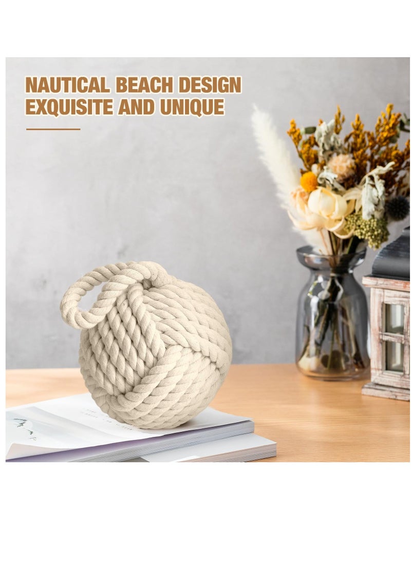 1 Pcs 3 Lbs Decorative Door Stop Rope Knot with Handle 6 Inch Nautical Fabric Door Stopper Twisted Knot Cotton Weighted Interior Doorstop for Door Window Bookend Dog Toys, Ivory - Image 2