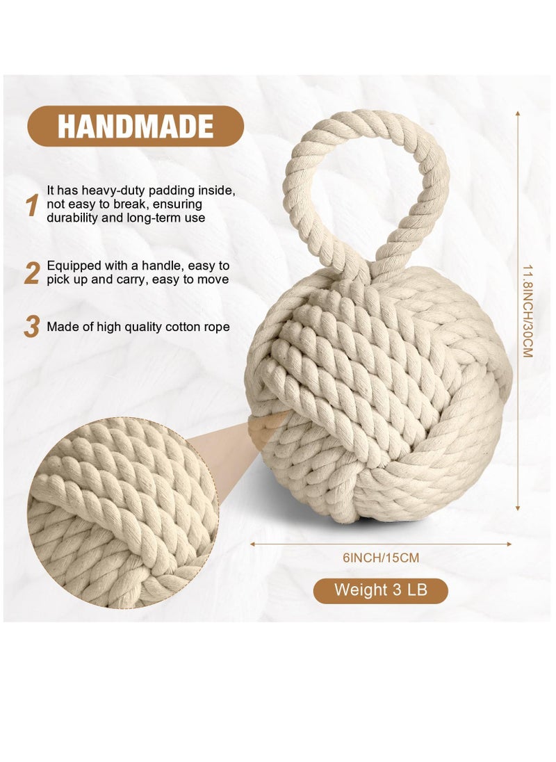 1 Pcs 3 Lbs Decorative Door Stop Rope Knot with Handle 6 Inch Nautical Fabric Door Stopper Twisted Knot Cotton Weighted Interior Doorstop for Door Window Bookend Dog Toys, Ivory - Image 1