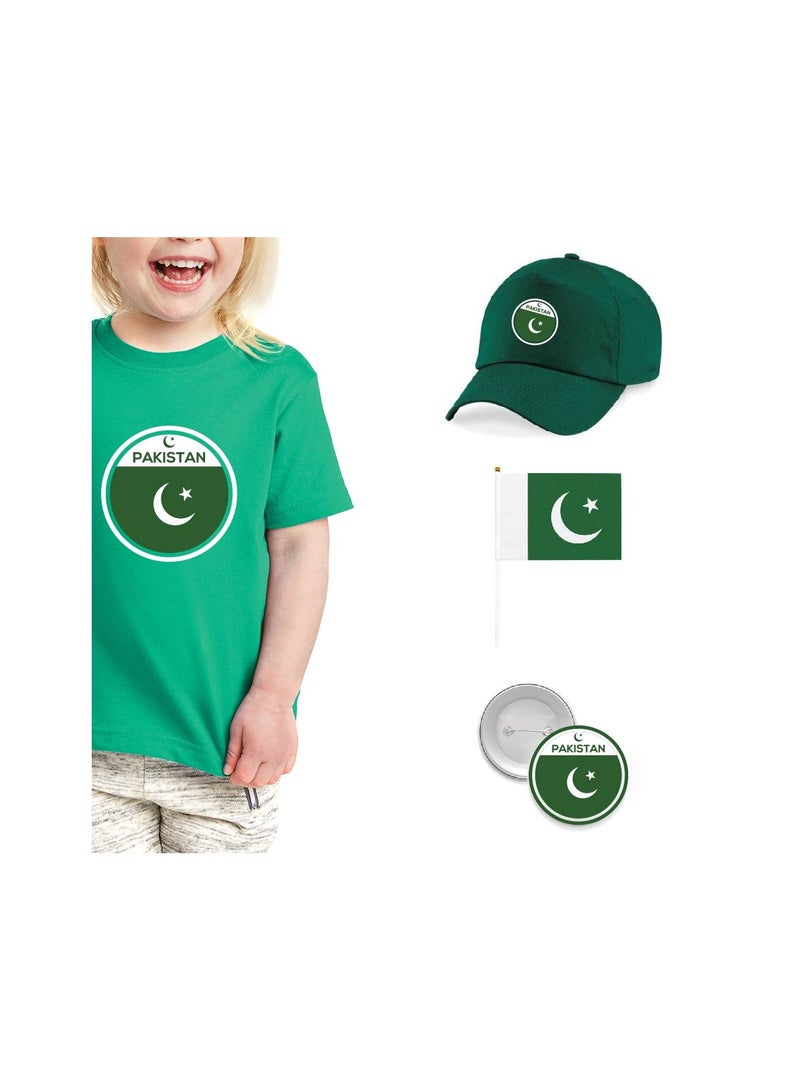 Pakistan Independence Day T Shirt for Girls, Cap, Badge, Flag Set Celebrate Pakistan Independence Day with this Kids Combo Pack in Style - Image 1