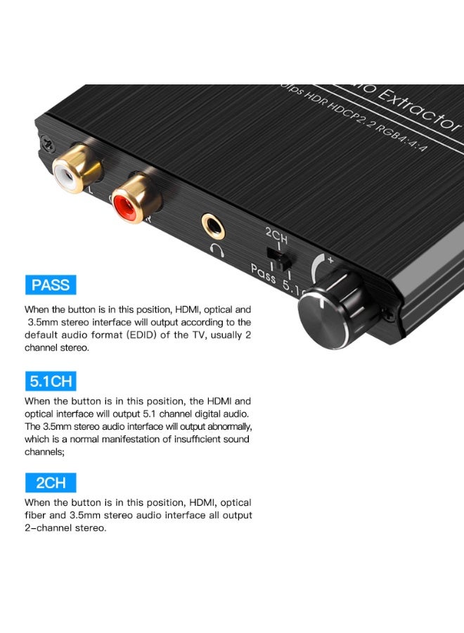 olayks 4K@60Hz HDMI Audio Extractor, HDMI 2.0 Audio Converter with Optical SPDIF + 3.5mm Stereo + R/L Audio Output, Support HDCP2.2, HDR, 3D, Volume Control, Compatible with PS5, Xbox, TV, Monitor, Blu-ray Player, PC - Image 5