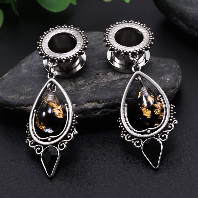 TBOSEN Stainless Steel Teardrop Black Obsidian Stone Large Dangle Bridal Plug Ear Gauges Stretching Tapers Screw Fit Tunnels (Gauge:0g(8mm)) - Image 4