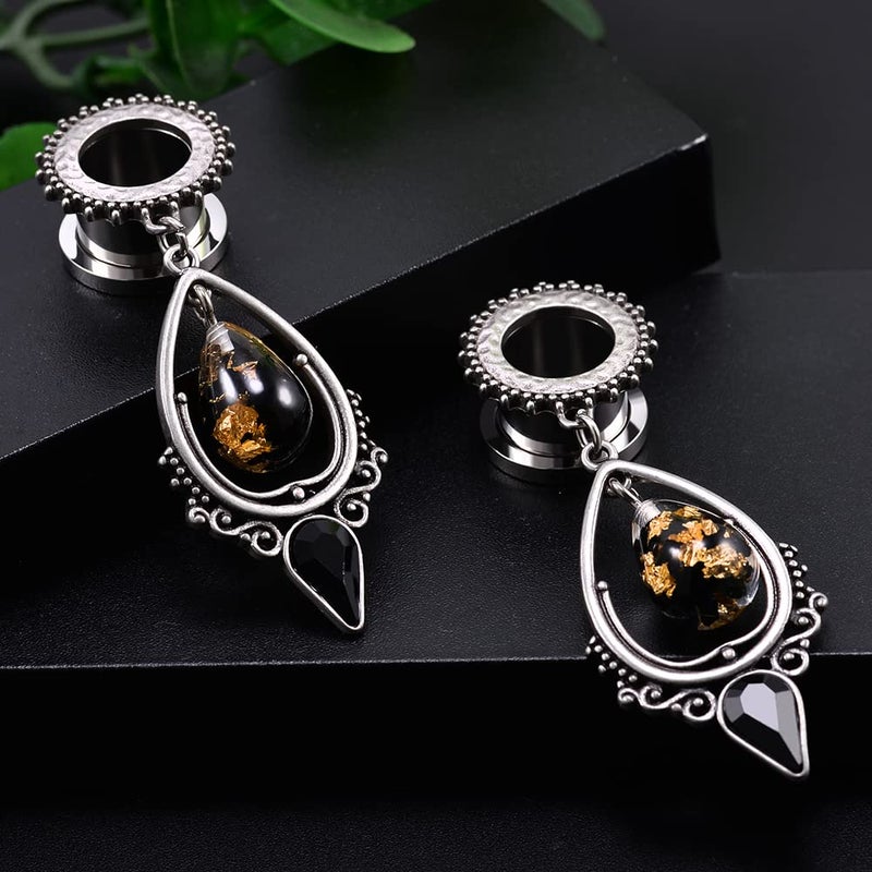 TBOSEN Stainless Steel Teardrop Black Obsidian Stone Large Dangle Bridal Plug Ear Gauges Stretching Tapers Screw Fit Tunnels (Gauge:0g(8mm)) - Image 3
