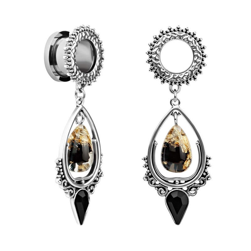 TBOSEN Stainless Steel Teardrop Black Obsidian Stone Large Dangle Bridal Plug Ear Gauges Stretching Tapers Screw Fit Tunnels (Gauge:0g(8mm)) - Image 1