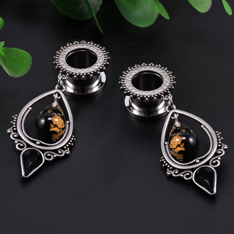 TBOSEN Stainless Steel Teardrop Black Obsidian Stone Large Dangle Bridal Plug Ear Gauges Stretching Tapers Screw Fit Tunnels (Gauge:0g(8mm)) - Image 2