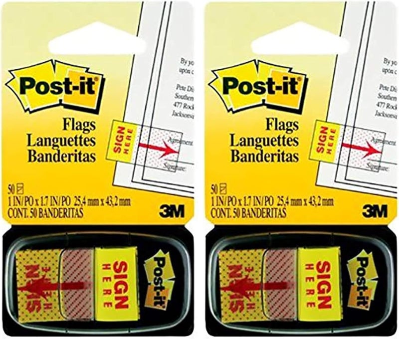 Post It Flags 1" "Sign Here" Dispenser 1 x 1.7 in (25.4 x 43.2 mm) | Yellow color | Mark, Highlight, Direct Attention | No Damage | Page Markers | Book Tabs | Sticky Index | 50 flags/pack (Pack of 2) - Image 1